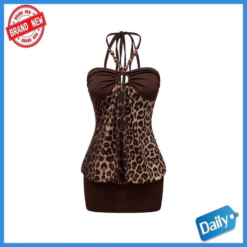 Leopard Halter Mini Dress Ruched Bodycon Western Y2K Style